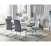 Furniturebox Imperia White High Gloss 6 Seater Dining Table With Structural 2 Plinth Column Legs 6 Grey Faux Leather Lorenzo Cantilever Chairs