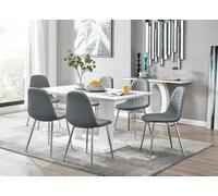 Furniturebox Imperia White High Gloss 6 Seater Dining Table With Structural 2 Plinth Column Legs 6 Grey Faux Leather Silver Leg Corona Chairs