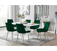 Furniturebox Imperia White High Gloss 6 Seater Dining Table With Structural 2 Plinth Column Legs 6 Green Velvet Silver Leg Pesaro Chairs