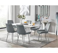 Furniturebox Imperia White High Gloss 6 Seater Dining Table With Structural 2 Plinth Column Legs 6 Grey Velvet Silver Leg Pesaro Chairs