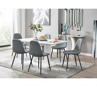 Furniturebox Imperia White High Gloss 6 Seater Dining Table With Structural 2 Plinth Column Legs 6 Grey Faux Leather Silver Leg Corona Chairs
