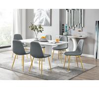 Furniturebox Imperia White High Gloss 6 Seater Dining Table With Structural 2 Plinth Column Legs 6 Grey Faux Leather Gold Leg Corona Chairs