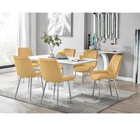 Furniturebox Imperia White High Gloss 6 Seater Dining Table With Structural 2 Plinth Column Legs 6 Mustard Velvet Silver Leg Pesaro Chairs
