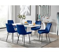 Furniturebox Imperia White High Gloss 6 Seater Dining Table With Structural 2 Plinth Column Legs 6 Navy Velvet Black Leg Pesaro Chairs