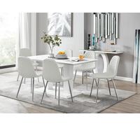 Furniturebox Imperia White High Gloss 6 Seater Dining Table With Structural 2 Plinth Column Legs 6 White Faux Leather Silver Leg Corona Chairs