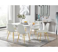 Furniturebox Imperia White High Gloss 6 Seater Dining Table With Structural 2 Plinth Column Legs 6 White Faux Leather Gold Leg Corona Chairs