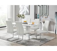 Furniturebox Imperia White High Gloss 6 Seater Dining Table With Structural 2 Plinth Column Legs 6 White Faux Leather Lorenzo Cantilever Chairs