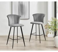 Furniturebox Juniper Grey Soft Touch Velvet Fluted Art Deco Bar Stools With Black Legs (Set Of 2)