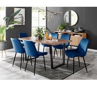 FurnitureboxUK Kylo Large Brown Wood Effect Dining Table & 6 Pesaro Velvet Black Leg Chairs in Navy FurnitureboxUK Navy