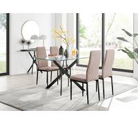 Furniturebox Leonardo 4 Seater Rectangular Glass Dining Table With Black Metal Legs & 4 Beige Milan Faux Leather Black Leg Chairs