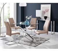 Furniturebox Leonardo 4 Seater Rectangular Glass Dining Table With Silver Metal Legs & 4 Beige Lorenzo Faux Leather Chairs