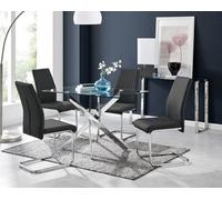 Leonardo Glass and Chrome Metal Dining Table and 4 Lorenzo Dining Chairs - Black