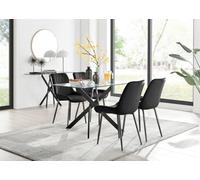 Furniturebox Leonardo 4 Seater Rectangular Glass Dining Table With Silver Metal Legs & 4 Black Pesaro Velvet Black Leg Chairs