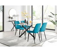 Furniturebox Leonardo 4 Seater Rectangular Glass Dining Table With Silver Metal Legs & 4 Blue Pesaro Velvet Black Leg Chairs
