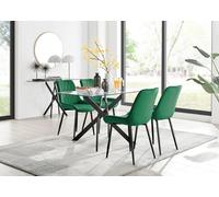 Furniturebox Leonardo 4 Seater Rectangular Glass Dining Table With Silver Metal Legs & 4 Green Pesaro Velvet Black Leg Chairs