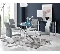 Furniturebox Leonardo 4 Seater Rectangular Glass Dining Table With Silver Metal Legs & 4 Grey Lorenzo Faux Leather Chairs