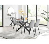 Furniturebox Leonardo 4 Seater Rectangular Glass Dining Table With Silver Metal Legs & 4 Grey Pesaro Velvet Black Leg Chairs