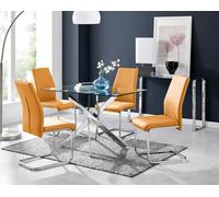 Furniturebox Leonardo 4 Seater Rectangular Glass Dining Table With Silver Metal Legs & 4 Mustard Lorenzo Faux Leather Chairs