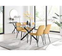 Furniturebox Leonardo 4 Seater Rectangular Glass Dining Table With Silver Metal Legs & 4 Mustard Pesaro Velvet Black Leg Chairs