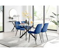 Furniturebox Leonardo 4 Seater Rectangular Glass Dining Table With Silver Metal Legs & 4 Navy Pesaro Velvet Black Leg Chairs