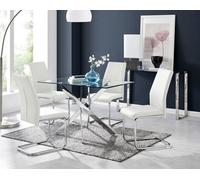 Furniturebox Leonardo 4 Seater Rectangular Glass Dining Table With Silver Metal Legs & 4 White Lorenzo Faux Leather Chairs