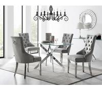 Furniturebox Leonardo 4 Seater Rectangular Glass Dining Table With Silver Metal Starburst Legs & 4 Grey Belgravia Velvet Chairs