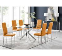 Furniturebox Leonardo 6 Seat Rectangular Glass Dining Table With Silver Metal Leg & 6 Mustard Milan Faux Leather Silver Leg Chairs