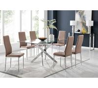 Furniturebox Leonardo 6 Seater Rectangular Glass Dining Table With Silver Metal Leg & 6 Beige Milan Faux Leather Silver Leg Chairs
