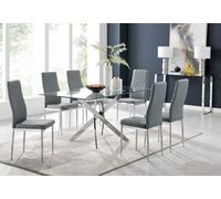 FurnitureboxUK Leonardo Glass & Chrome Metal Dining Table & 6 Milan Chairs Dining Set in Grey FurnitureboxUK Grey