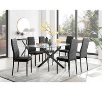 Furniturebox Leonardo 6 Seater Rectangular Glass Dining Table With Silver Metal Legs & 6 Black Milan Faux Leather Black Leg Chairs