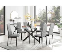 Furniturebox Leonardo 6 Seater Rectangular Glass Dining Table With Silver Metal Legs & 6 Grey Milan Faux Leather Black Leg Chairs