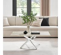 Furniturebox Leonardo Coffee Table - Rectangular White Marble Glass And Silver - White Coffee Table - Glass Coffee Table