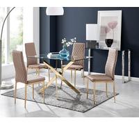 Furniturebox Leonardo Rectangular Glass And Gold Metal 4 Seater Dining Table And Chairs, Glass Dining Table And Chairs, Dining Set