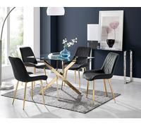 Furniturebox Leonardo Rectangular Glass And Gold Metal 4 Seater Dining Table And Chairs, Glass Dining Table And Chairs, Dining Set