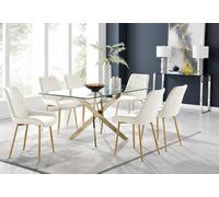 Furniturebox Leonardo Rectangular Glass And Gold Metal 6 Seater Dining Table And Chairs, Glass Dining Table And Chairs, Dining Set
