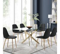 Furniturebox Leonardo Rectangular Glass And Gold Metal 6 Seater Dining Table And Chairs, Glass Dining Table And Chairs, Dining Set