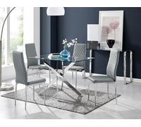 Furniturebox Leonardo Rectangular Glass And Silver Metal 4 Seater Dining Table And Chairs, Glass Dining Table And Chairs Set