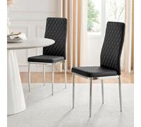 Furniturebox Milan 6X Black Faux Leather Silver Legs Dining Chairs - Dining Chairs Set Of 6 - Black Dining Chairs