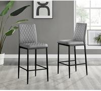 Furniturebox Milan Grey Diamond-Stiched Faux Leather Black Leg Padded Bar Stools (Set Of 2)