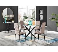 Furniturebox Novara Clear Tempered Glass 100Cm Round Dining Table With Black Starburst Legs & 4 Beige Milan Faux Leather Chairs