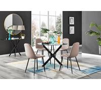 Furniturebox Novara Clear Tempered Glass 100Cm Round Dining Table With Black Starburst Legs & 4 Beige Corona Faux Leather Chairs