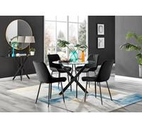 Furniturebox Novara Clear Tempered Glass 100Cm Round Dining Table With Black Starburst Legs & 4 Black Pesaro Soft Velvet Chairs
