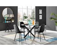 Furniturebox Novara Clear Tempered Glass 100Cm Round Dining Table With Black Starburst Legs & 4 Black Corona Faux Leather Chairs