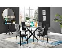 Furniturebox Novara Clear Tempered Glass 100Cm Round Dining Table With Black Starburst Legs & 4 Black Milan Faux Leather Chairs