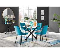 Furniturebox Novara Clear Tempered Glass 100Cm Round Dining Table With Black Starburst Legs & 4 Blue Pesaro Soft Velvet Chairs