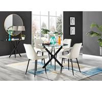Furniturebox Novara Clear Tempered Glass 100Cm Round Dining Table With Black Starburst Legs & 4 Cream Pesaro Soft Velvet Chairs