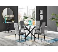 Furniturebox Novara Clear Tempered Glass 100Cm Round Dining Table With Black Starburst Legs & 4 Grey Milan Faux Leather Chairs