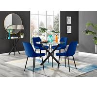 Furniturebox Novara Clear Tempered Glass 100Cm Round Dining Table With Black Starburst Legs & 4 Navy Pesaro Soft Velvet Chairs