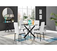 Furniturebox Novara Clear Tempered Glass 100Cm Round Dining Table With Black Starburst Legs & 4 White Milan Faux Leather Chairs