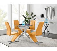 Furniturebox Novara Clear Tempered Glass 100Cm Round Dining Table With Chrome Legs & 4 Mustard Willow Faux Leather Chairs